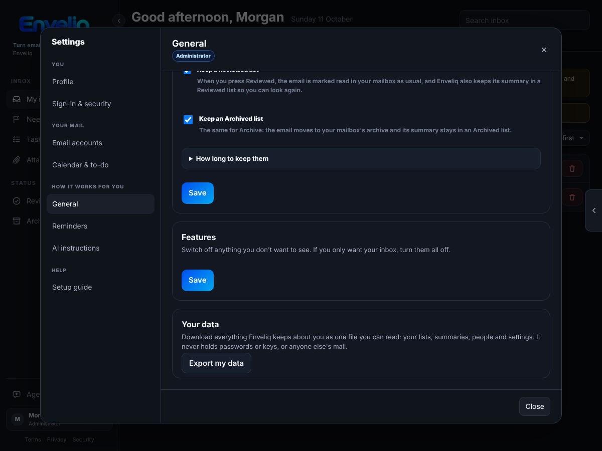 The Your data section on the General page, with an Export my data button.
