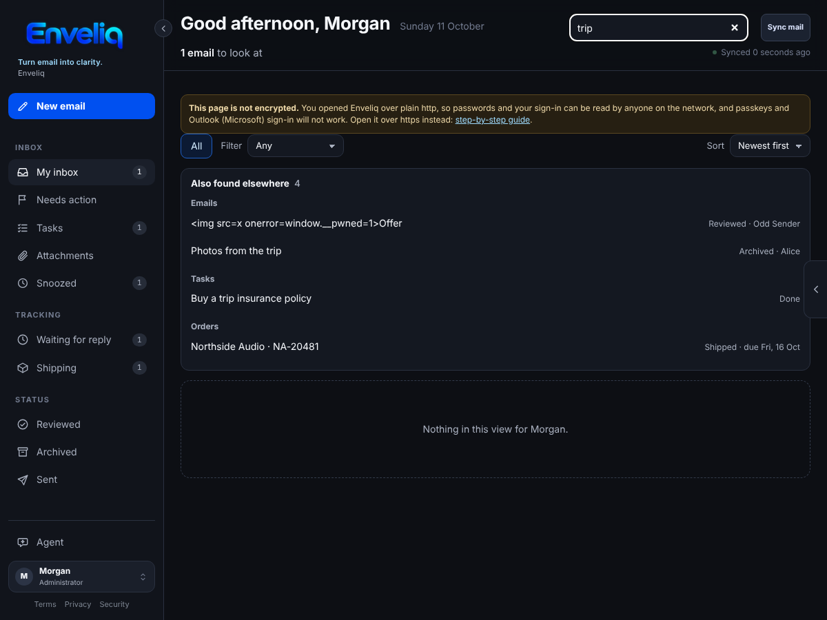 The inbox with trip typed in the search box. Above the list, a box called Also found elsewhere lists an email in Reviewed, an email in Archived, a task and an order.