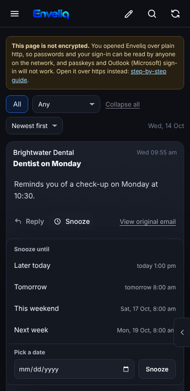 The Snooze choices on a phone, in a panel at the bottom of the screen.