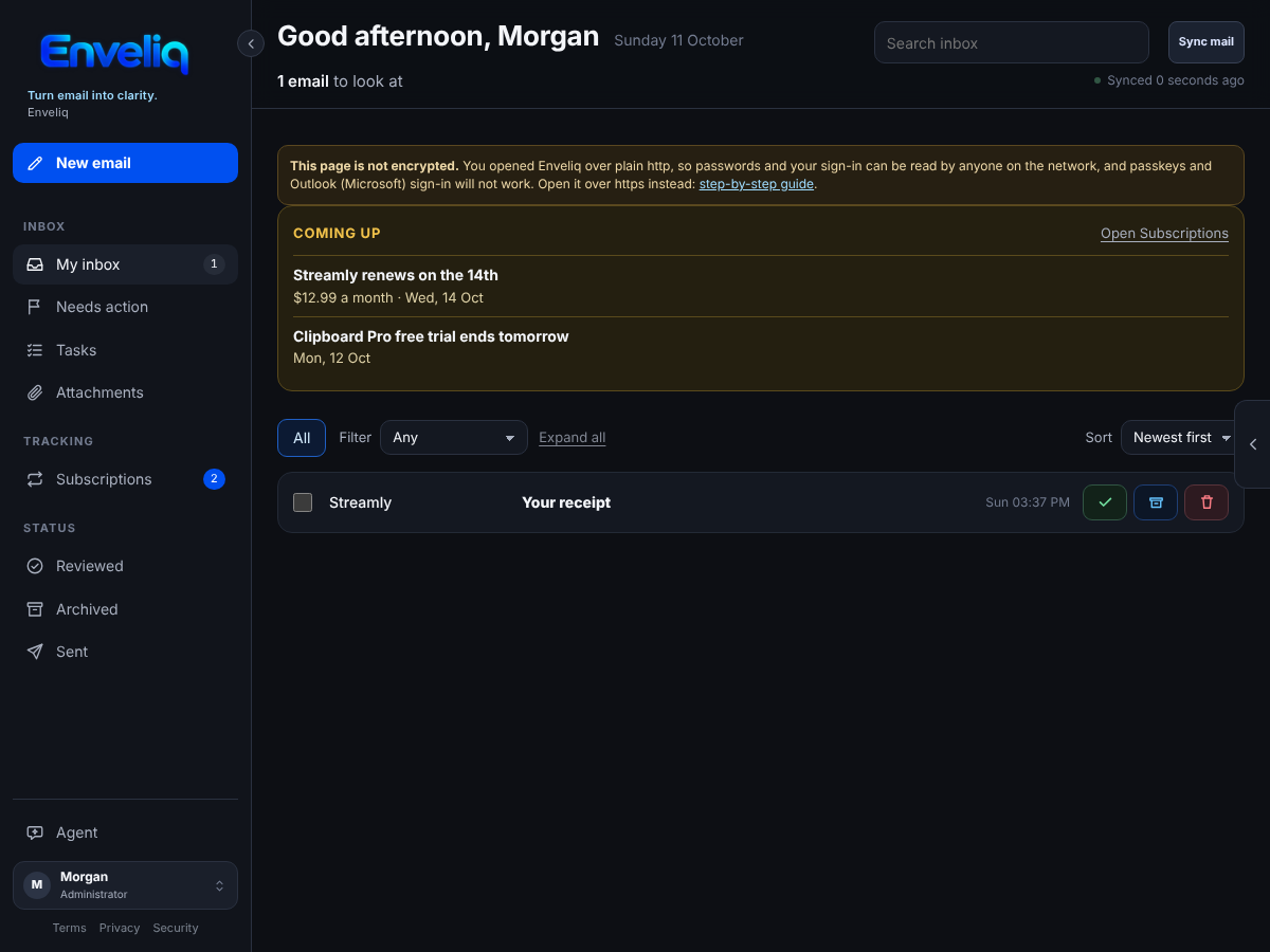 The home page with a Coming up card. Streamly renews on the 14th, and the Clipboard Pro free trial ends tomorrow.