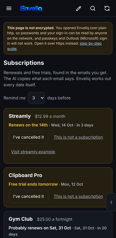 The Subscriptions page on a phone.