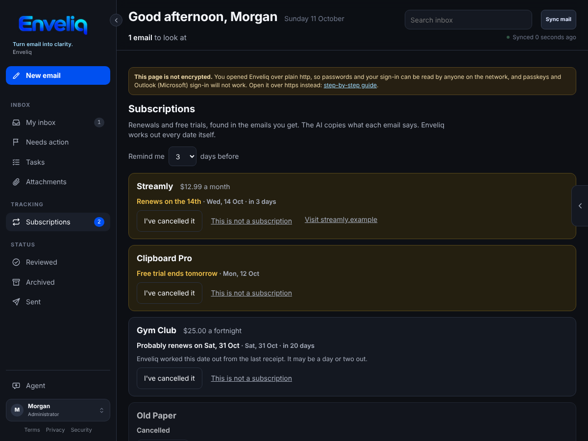 The Subscriptions page, with the reminder setting at the top and a card for each subscription.