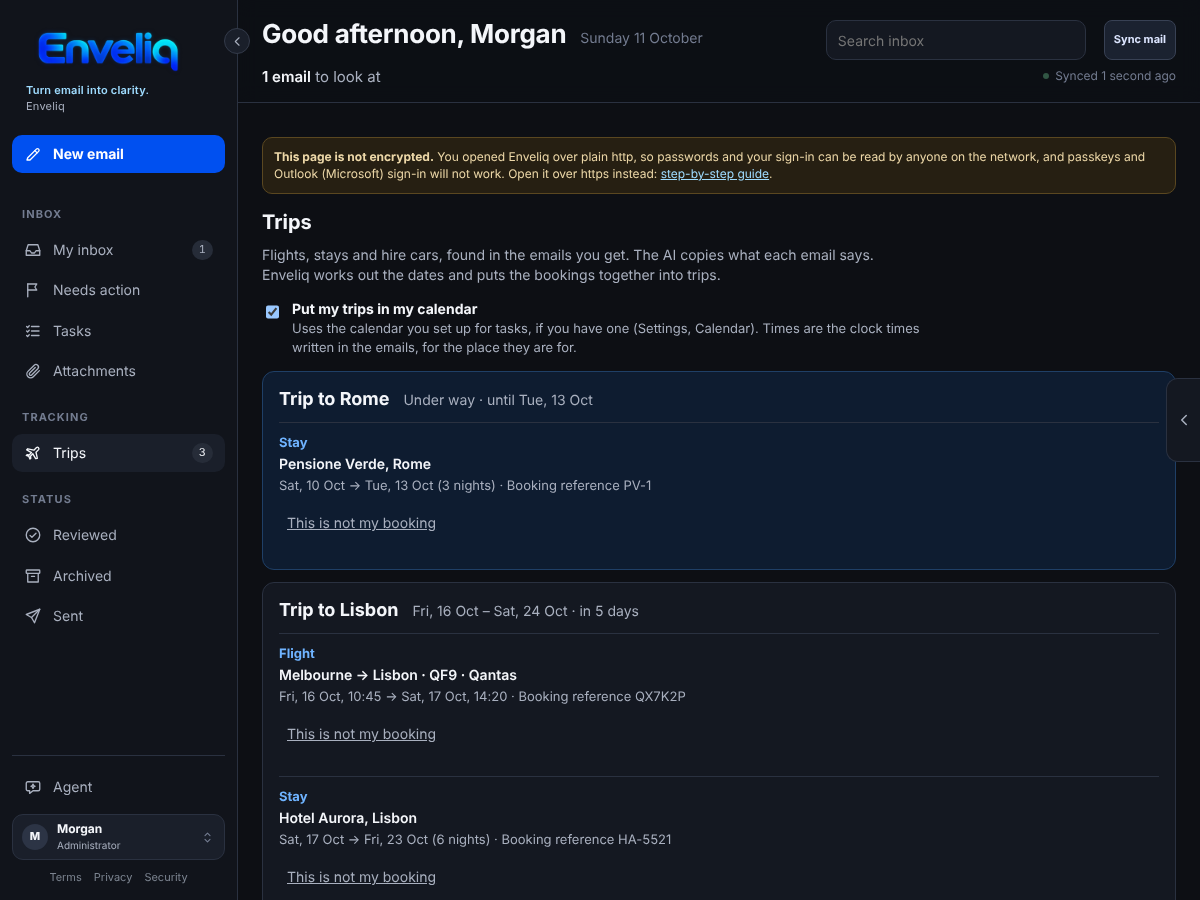 The Trips page, with the calendar switch at the top and a card for each trip.